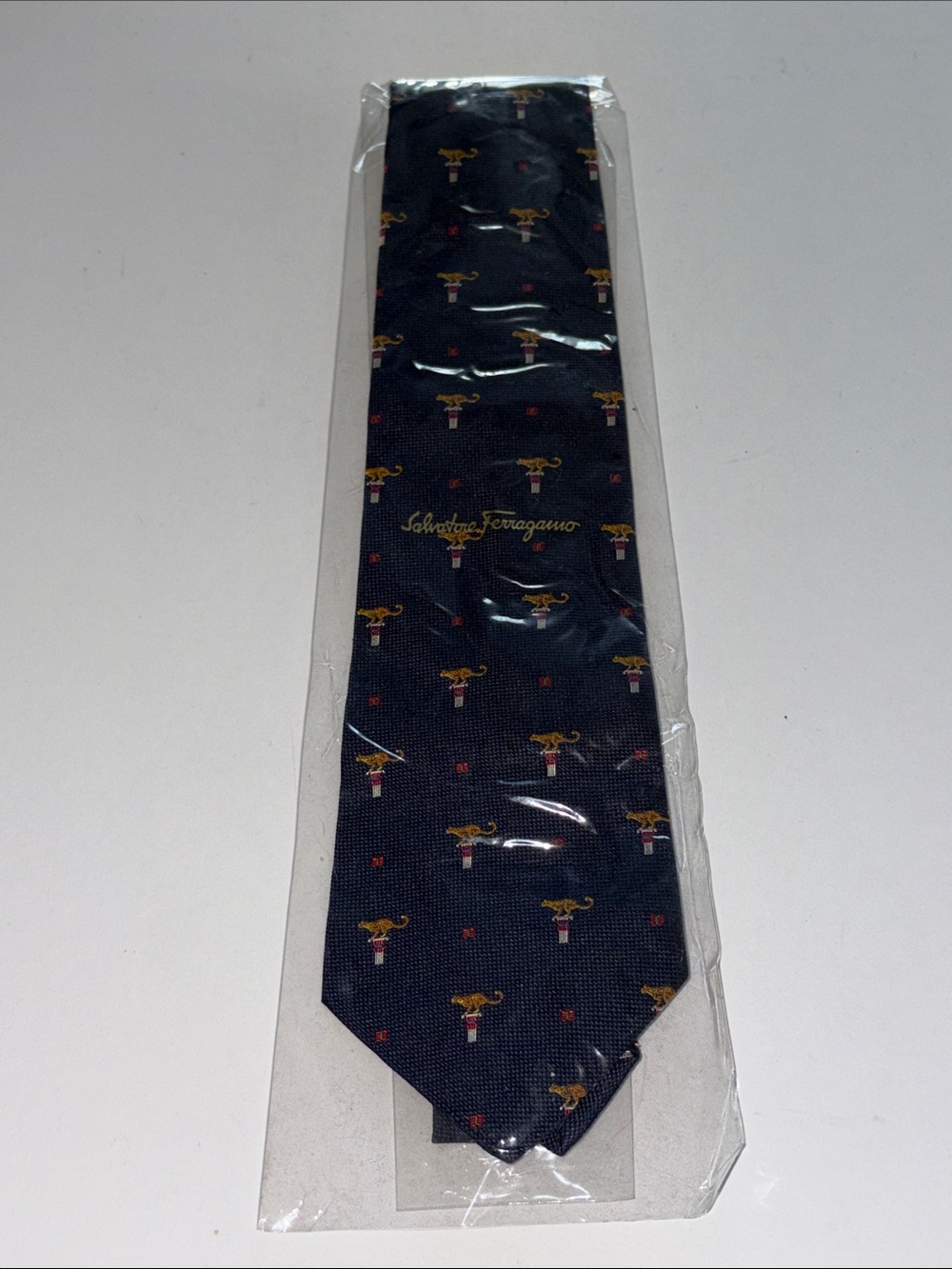 Salvatore Ferragamo Black Silk Tie with Gold and Red Motif